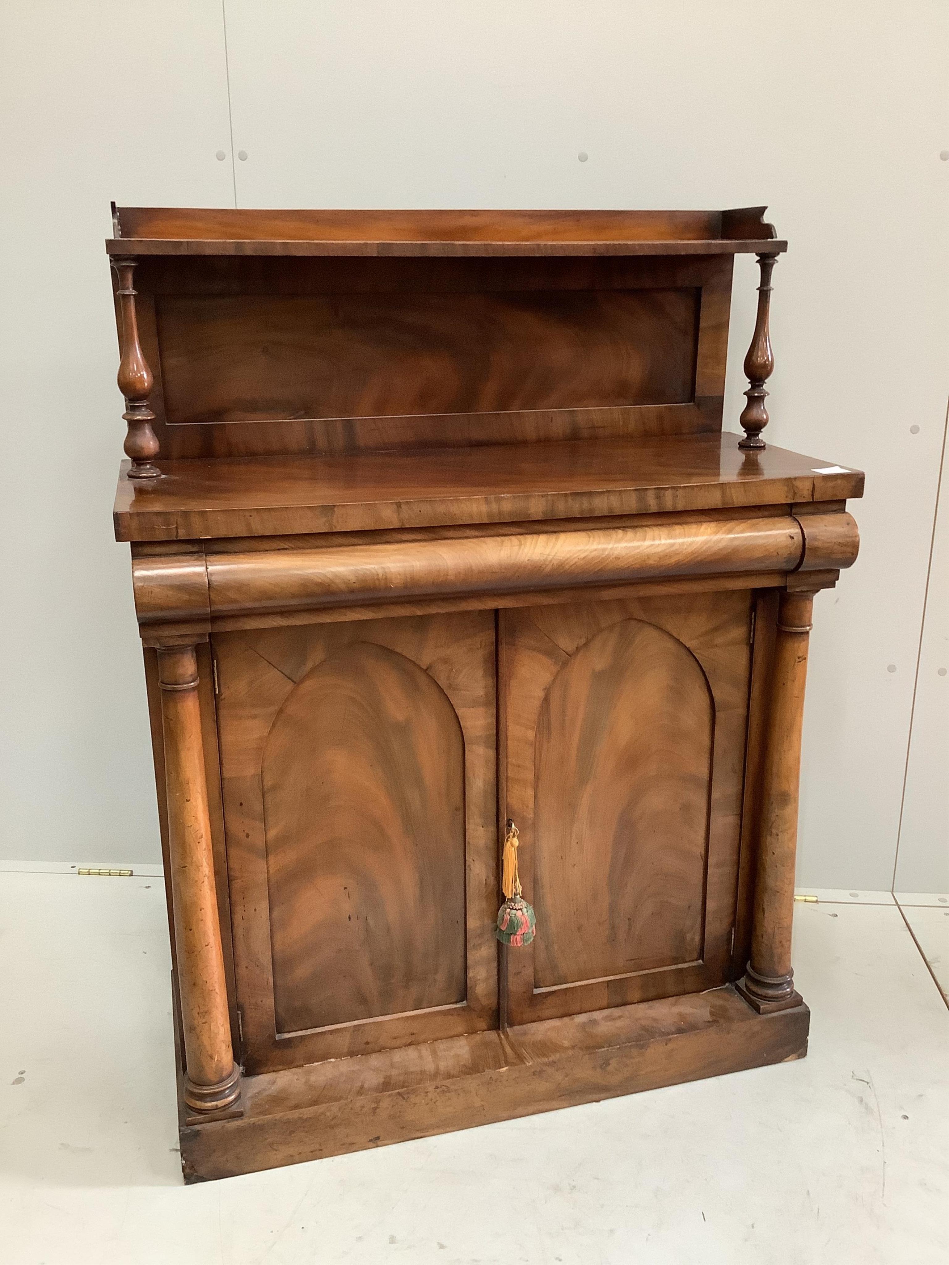 An early Victorian mahogany chiffonier, width 91cm, depth 43cm, height 124cm. Condition - fair